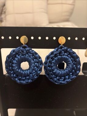Navy Braided Hoop Drop Earrings with Gold Studs